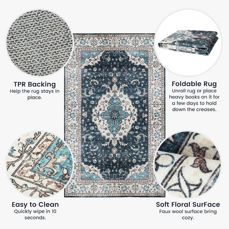 Glitzhome Machine Washable Boho Floral Medallion Area Rugs 5' x 8'