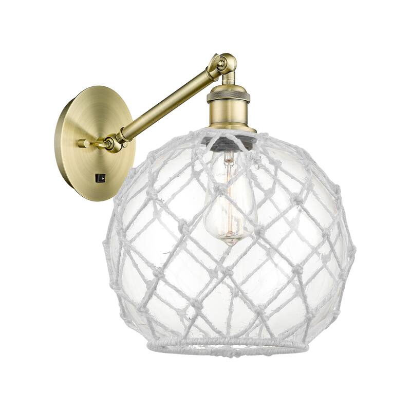 Innovations Lighting Endless Possibilities Ballston - Farmhouse Rope - 1 Light 10" Adjustable Sconce - Arm Adjusts Up and Down - Antique Brass/Clear Glass with White Rope