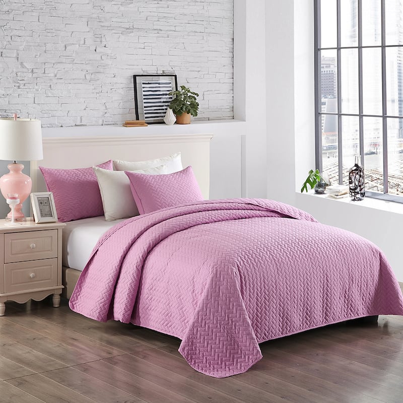 3-piece Fashionable Solid Embossed Quilt Set Bedspread Cover - Pink basket weave - Queen