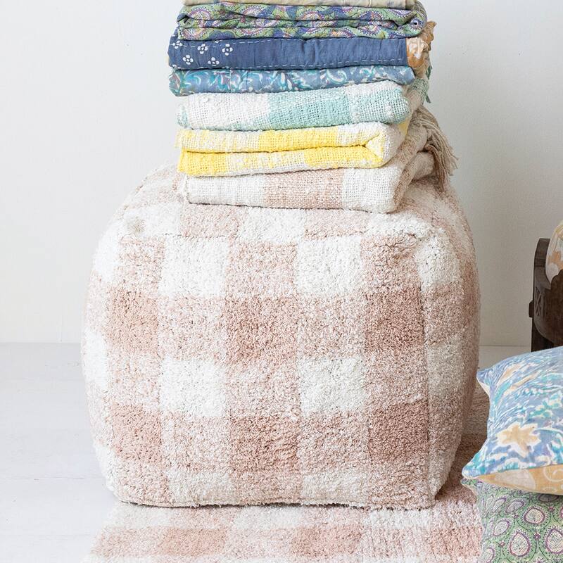 Cotton Tufted Pouf with Plaid Pattern