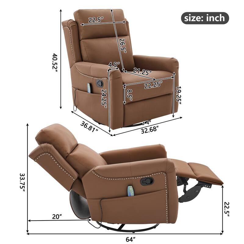 Christopher Knight Home - Modern Upholstered Swivel Recliner Chair with 8-Point Massage, Heating, and Storage Pocket