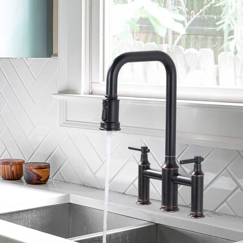 WOWOW Double Handle Bridge Kitchen Faucet with Advanced Spray