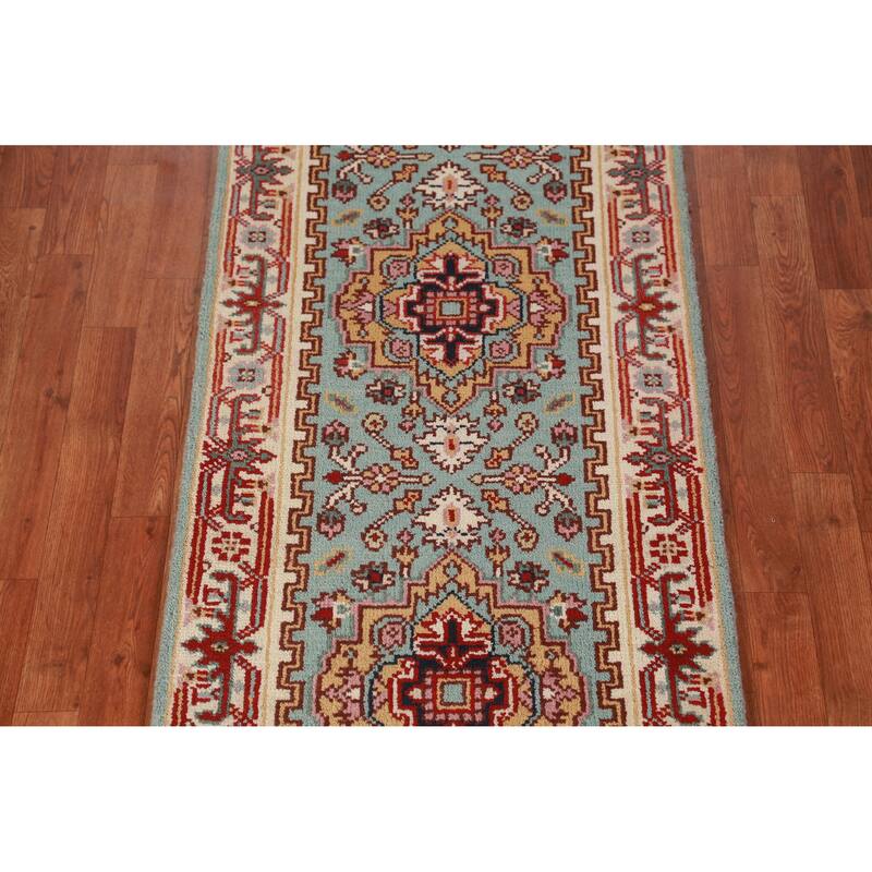 Hand Knotted Oriental 100% Wool Carpet Traditional Geometric Navy Blue & Blues Heriz (serapi) Runner Rug - 8' 2'' X 2' 6''