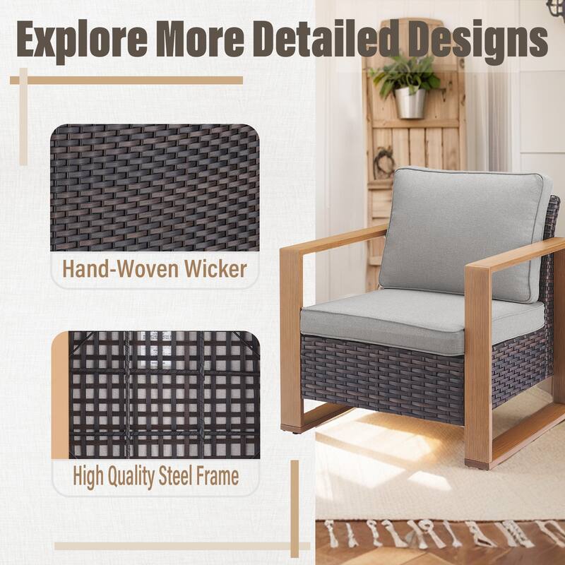 Gymojoy All Weather Wicker Chair with 3-Seat Sofa Ottoman - Brown