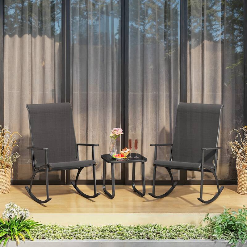 3-Piece Outdoor Bistro Set - Rattan Rocking Chairs With Coffee Table, Ergonomic Patio Furniture with High Backrest