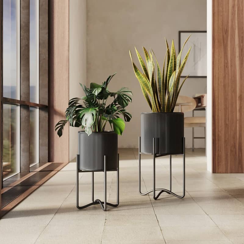 Everett Black Indoor Metal Pot Planter With Ambrose Black Base Set - 16.25"H x 9.25"W x 9.25"D