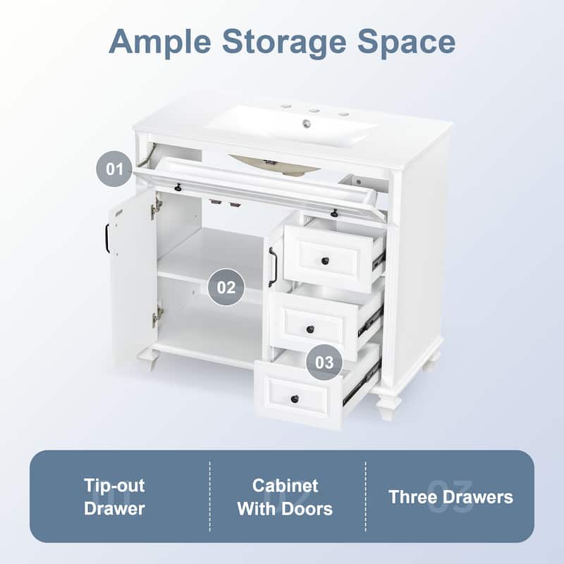 36-Inch Solid Wood Bathroom Vanity with Ceramic Sink, Flip Drawer, 3 Drawers and 2 Doors, Freestanding MDF Cabinet