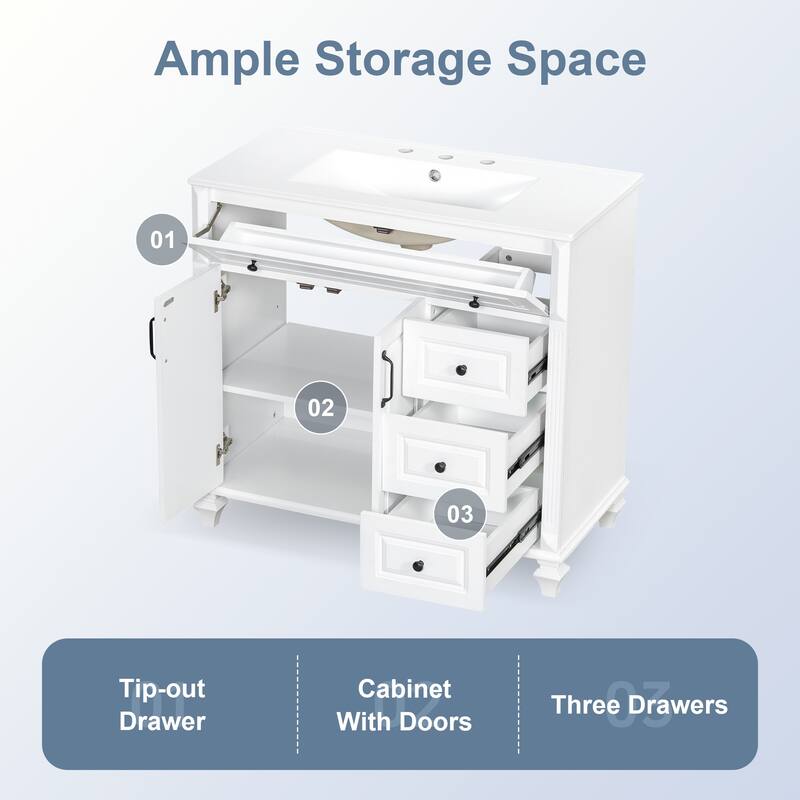 Roomfitters 36" Bathroom Vanity with Sink, Solid Wood Frame, Flip Drawer, 3 Drawers & 2 Doors