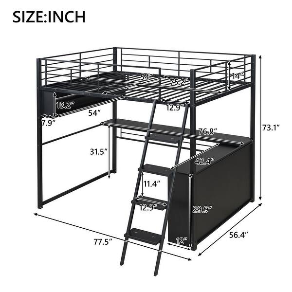 dimension image slide 1 of 2, Metal Loft Bed Desk and Shelves and Ladder 3 in 1 Bed Frame, Full-Length Guardrails Loft Bed Slat Support No Box Spring Needed