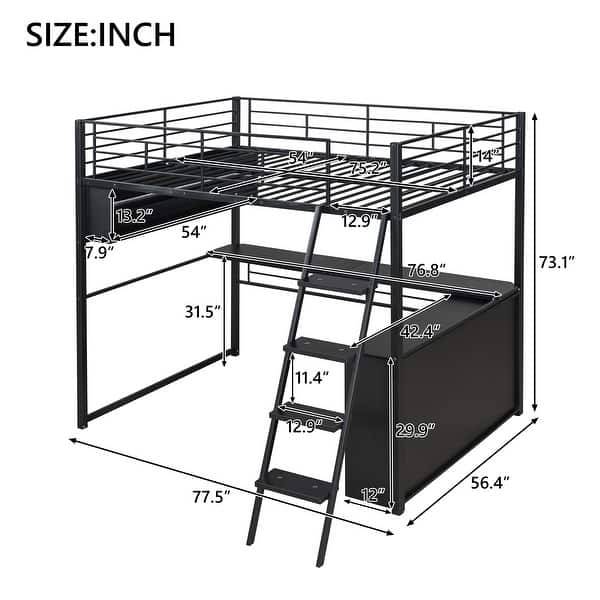 dimension image slide 0 of 2, Modern Loft Bed with LED Design, Desk and 4 Storage Shelves, Space-Saving Metal Loft Bed Frame with Full-Length Guardrails
