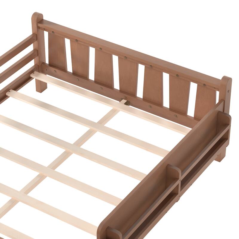 Full/Twin Floor Bed with Storage Bookcases & Cute Stairs - Solid Wood Kids Bed, No Box Spring