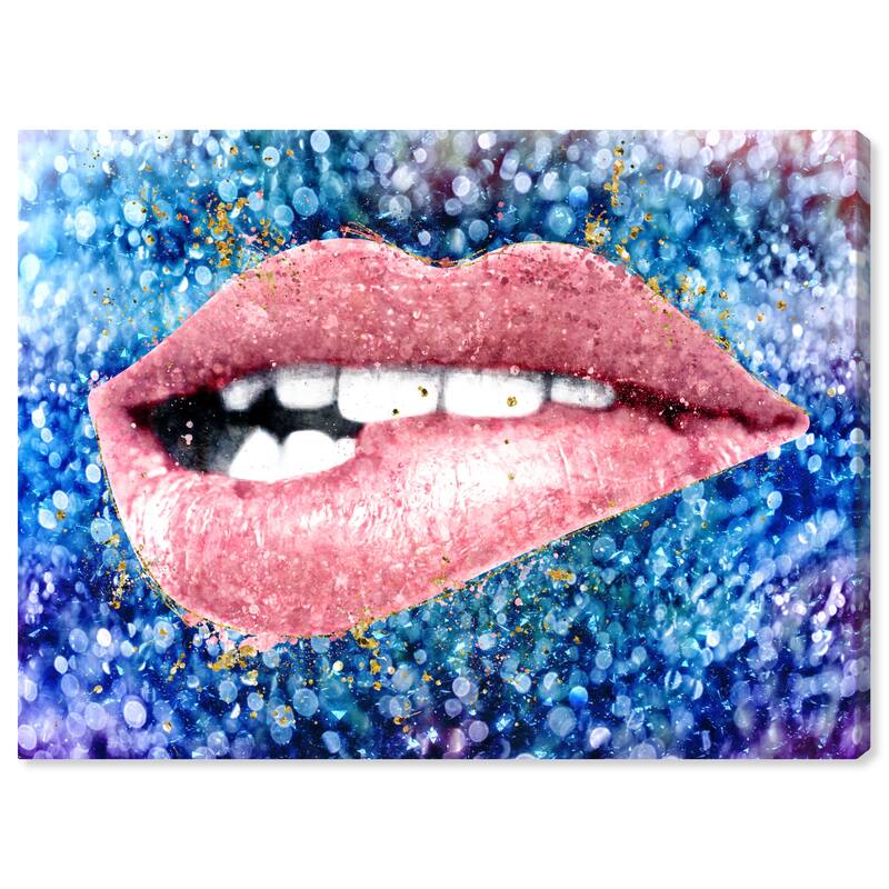 Wynwood Studio Fashion and Glam Glimmering Blue Lip Bite Blue and Glam Wall Art Canvas Print