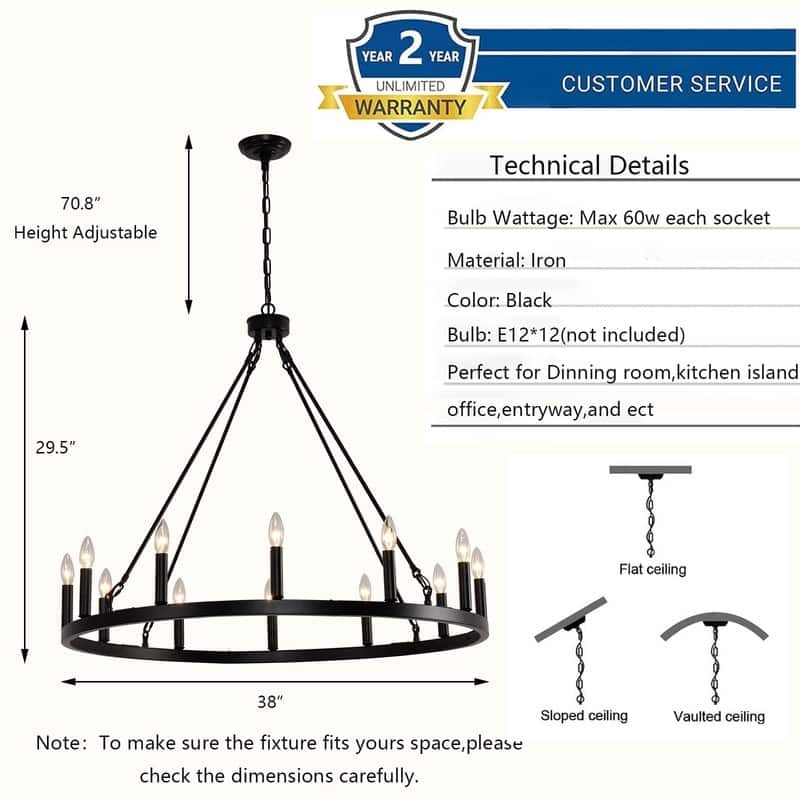 Farmhouse Chandelier Wagon Wheel Chandelier, Round Iron Chandeliers Candle Lighting - 12 light -38 inches