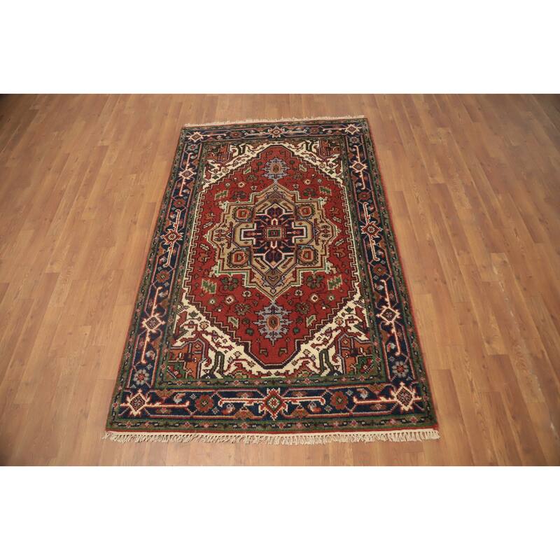 Hand Knotted Oriental 100% Wool Carpet Traditional Medallion Oranges & Rust Heriz (serapi) Area Rug - 6' 2'' X 4' 0''