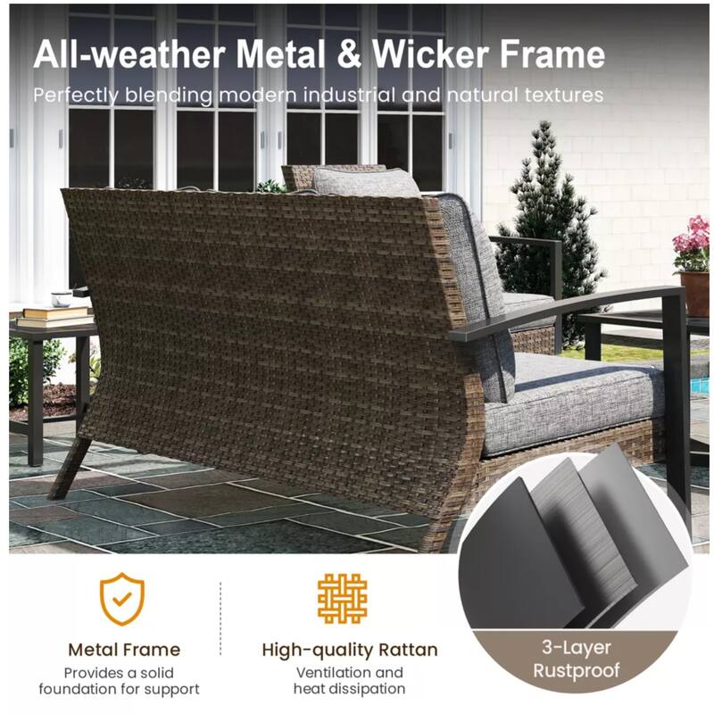 2-Piece Wicker Patio Conversation Set with Gray Cushions Coffee Table