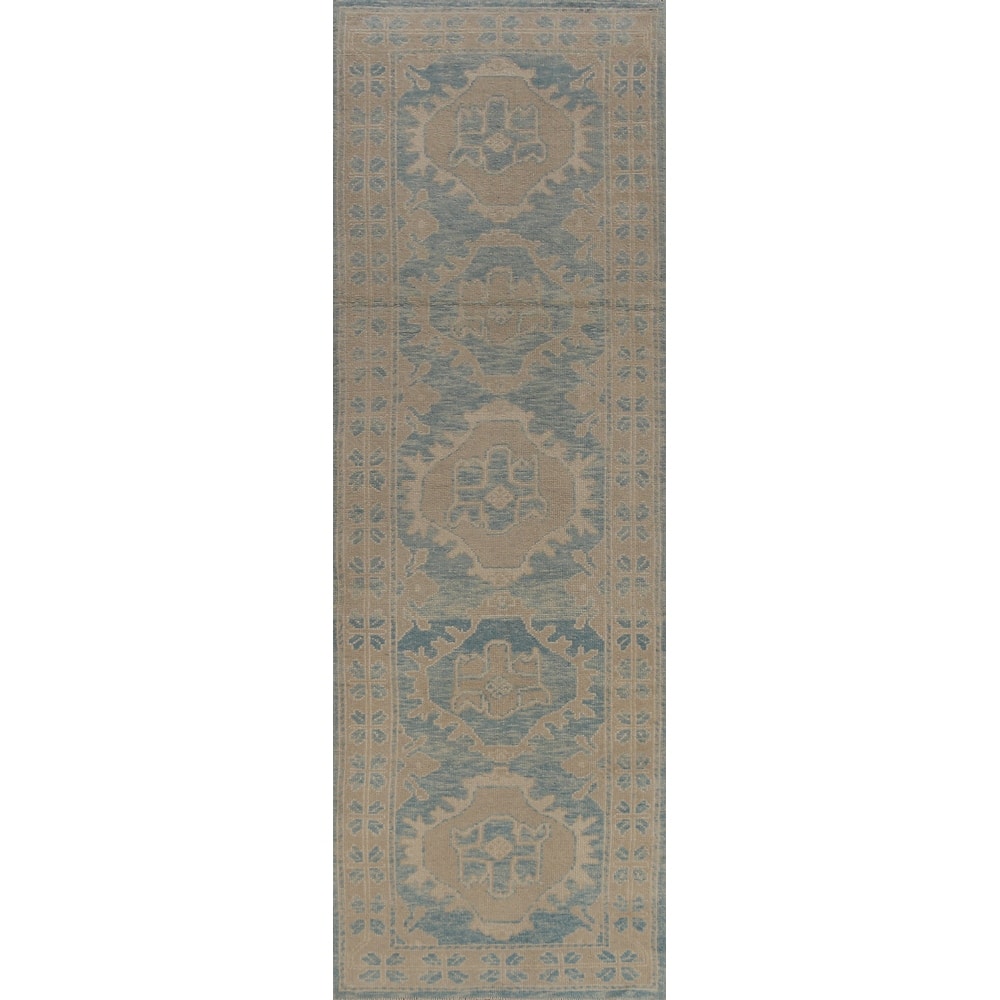 Hand Knotted Oriental 100% Wool Carpet Transitional Geometric Navy Blue & Blues Oushak Runner Rug - 13' 1'' X 3' 6''