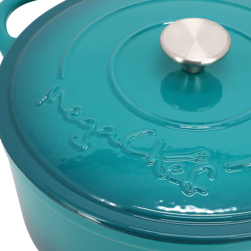 6.35 Quart Enameled Cast Iron Double Handle Dutch Oven Self Basting Lid in Sapphire Blue