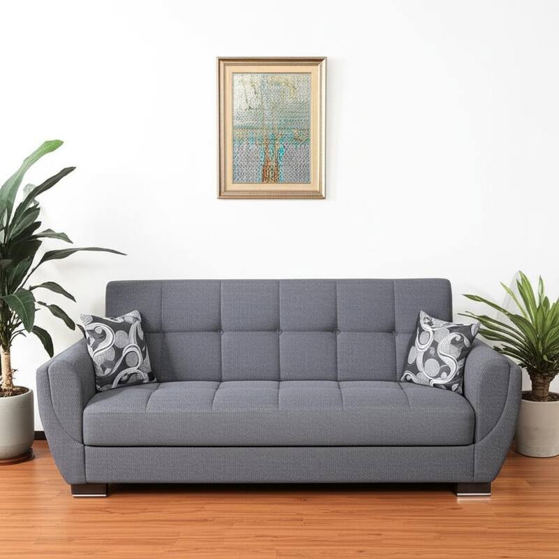 HomeRoots 93" Gray Chenille Convertible Futon Sleeper Sofa And Toss Pillows With Storage - Gray