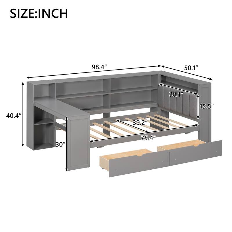 Twin Size Platform Bed with Storage, Charging Station, LED, Desk, and Upholstered Headboard in Grey