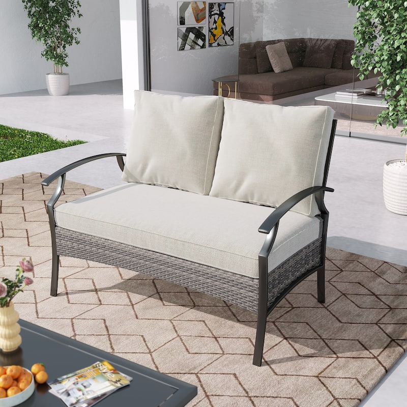 Outdoor Metal Wicker Cushioned Loveseat Sofa