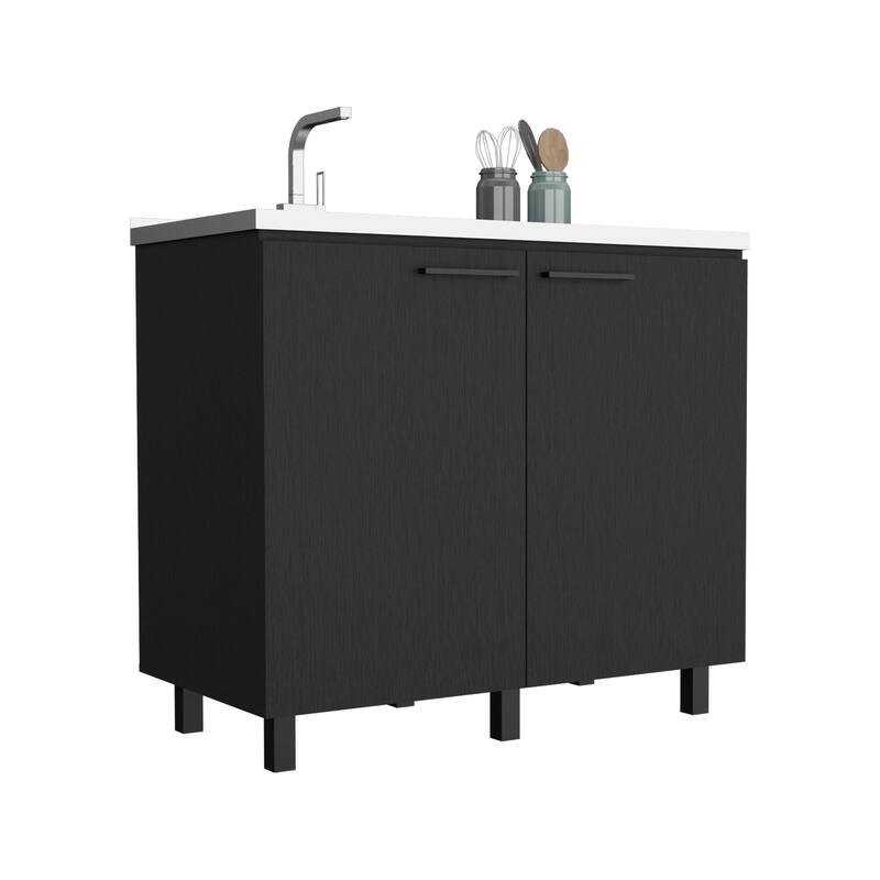 2-Door Freestanding Utility Base Cabinet with Stainless Steel Countertop, Black Finish, Large Shelf for Storage