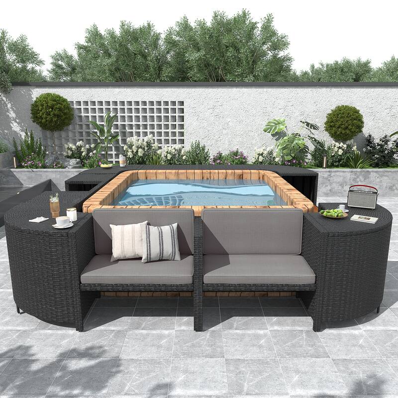 Outdoor Rattan Spa Frame Conversation Sofa Set with Storage & Wooden Bench - Grey