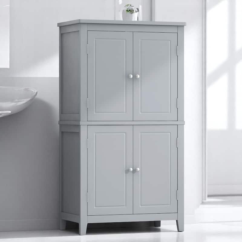 Tall Bathroom Floor Cabinet with Adjustable Shelves, Freestanding Storage Unit with 4 Doors - Grey