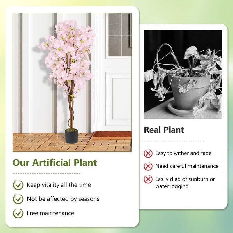 Gymax 2PCS 5 FT Tall Artificial Cherry Blossom Tree Faux Flower Plant