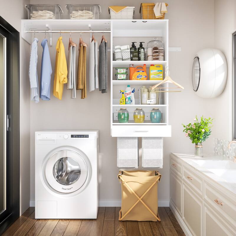 60'' Wall-mounted Closet System with Hanging Rods, Clothing Organizer with Tower Shelves for Laundry Room