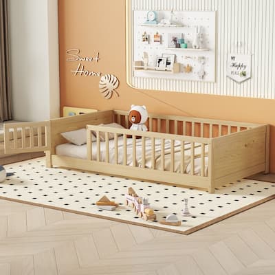 Twin size Floor Platform Bed with Built-in Book Storage Rack, Door