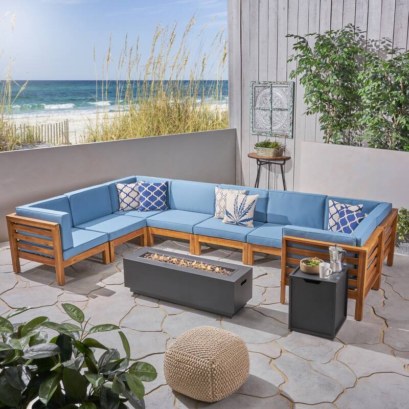 Malawi Outdoor 10-Piece U-Shaped Acacia Wood Sectional Sofa Set with Fire Pit by Christopher Knight Home - teak + dark gray + blue cushion
