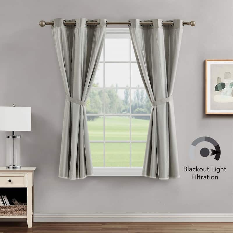 Creative Home Ideas Augusta Faux Silk Blackout with Sheer Overlay Grommet Window Curtain Panel Pair with Tiebacks