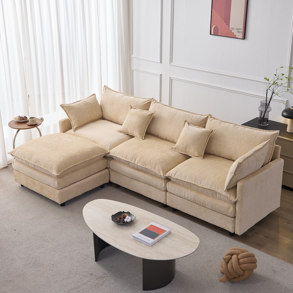 105" Modular Sectional Sofa with Ottoman, Upholstered Chenille Fabric 3-Seater