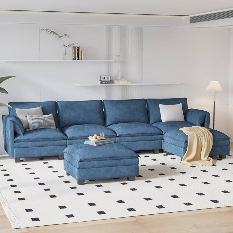 GDFStudio - Noah 141.5" U-Shaped 6-Seater Sofa Couch with Movable Ottoman and Armrest Pockets, Fabric Upholstery - U-Shape - Blue