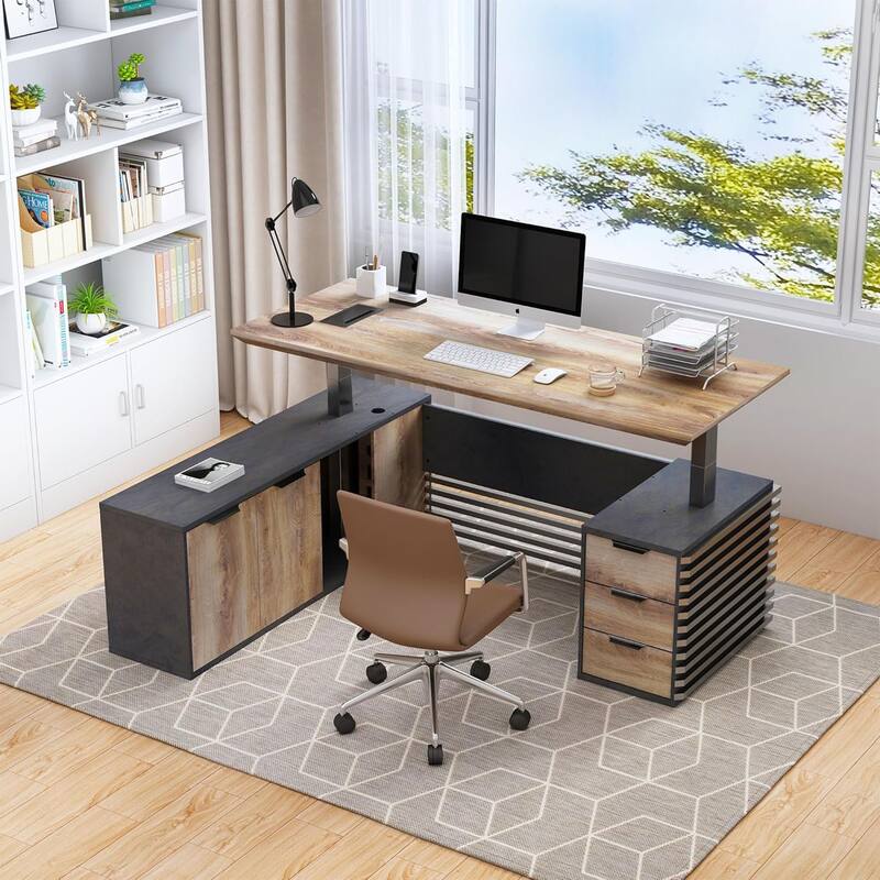 Adjustable L-Shaped Executive Desk with Outlets File Cabinets 3 Drawers Custom Size & Color