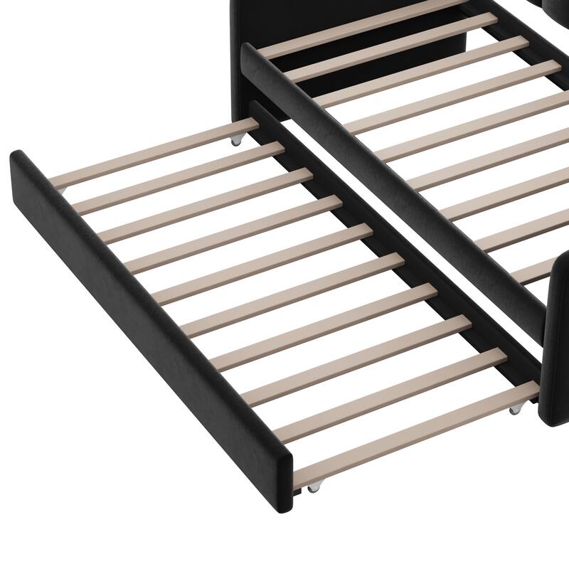 Twin size Upholstered Daybed with Trundle ,Velvet Sofabed with USB Charging Ports,No Box-spring Needed,Black