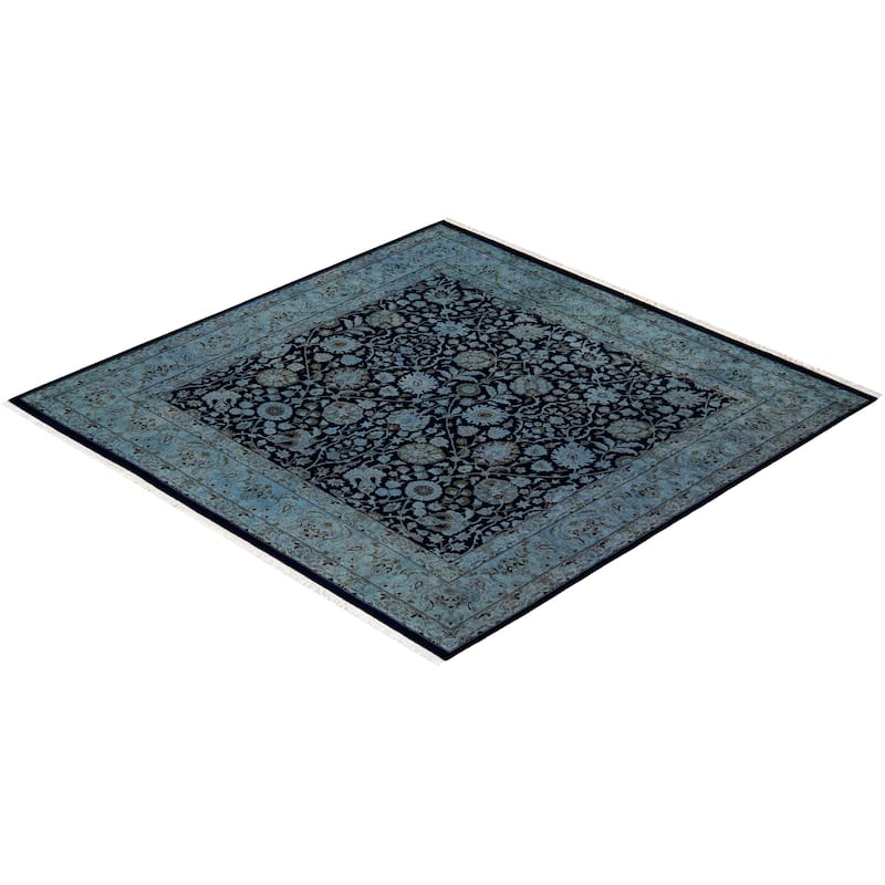 Overton Hand Knotted Wool Vintage Inspired Modern Contemporary Overdyed Blue Square Area Rug - 6' 2" x 6' 2"