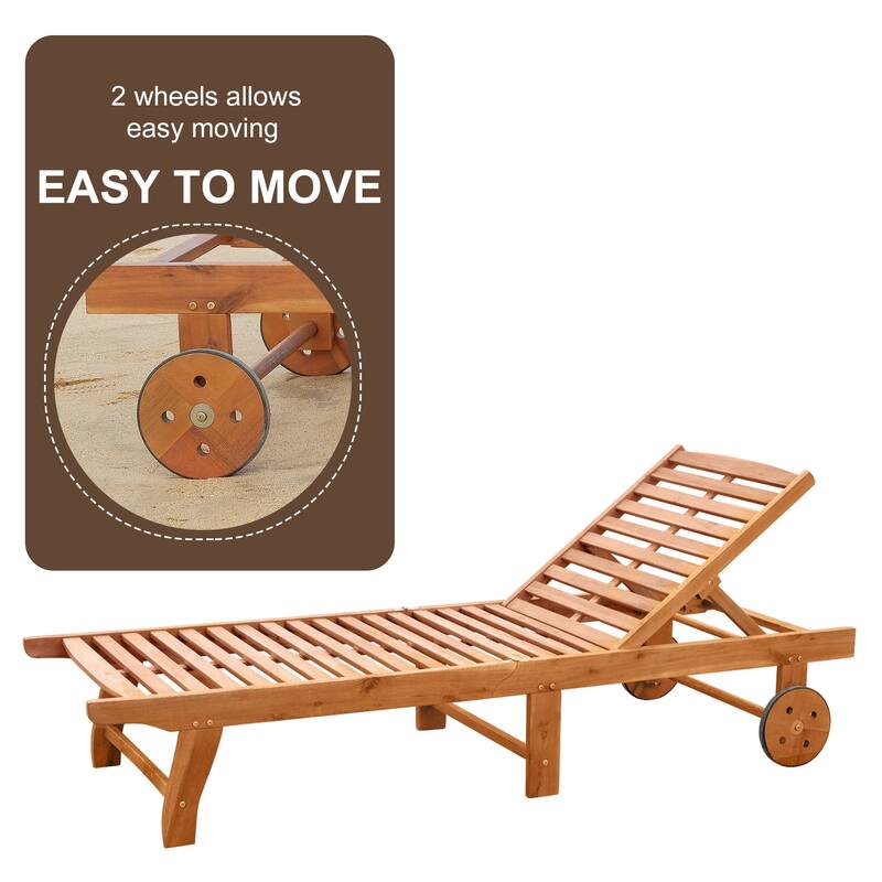 Teak Acacia Wood Outdoor Lounge Chair with Adjustable Back and Wheels - 77.5" L x 28.5" W x 33.5" H