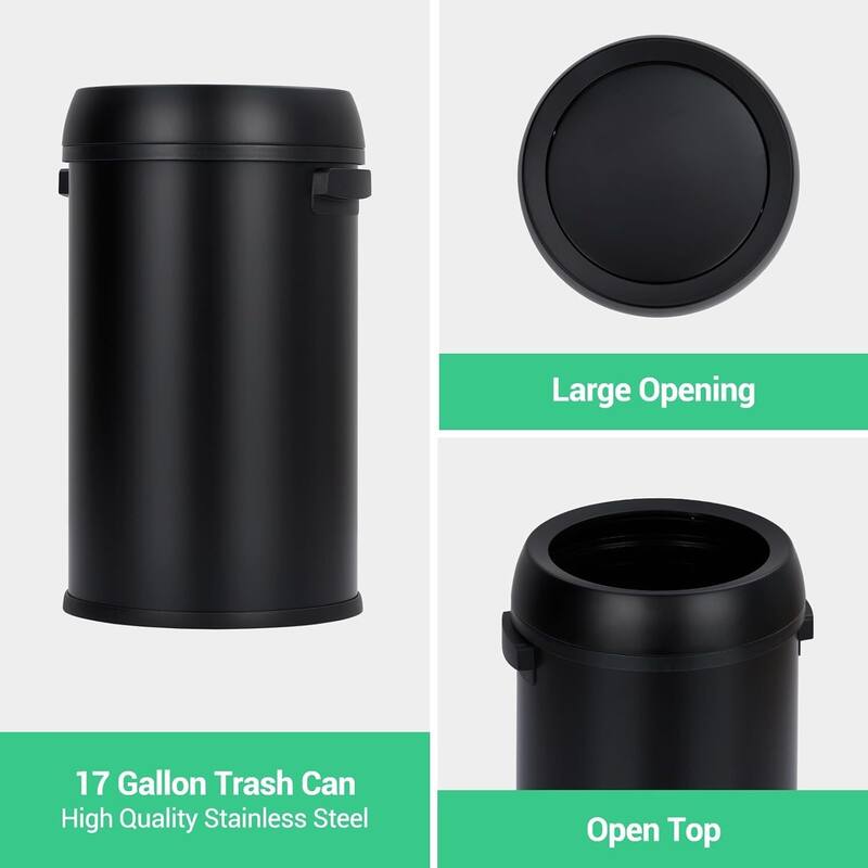 17 Gallon Stainless Steel Open Top Trash Can, Heavy Duty Round