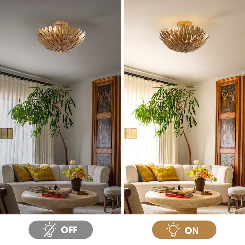 Antique Gold Olive Leaf 3-Light Semi Flush Mount Ceiling Light - 16" W x 10.1" H