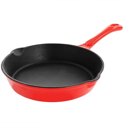 MegaChef Enameled Round 8 Inch PreSeasoned Cast Iron Frying Pan in Red - 8 Inch