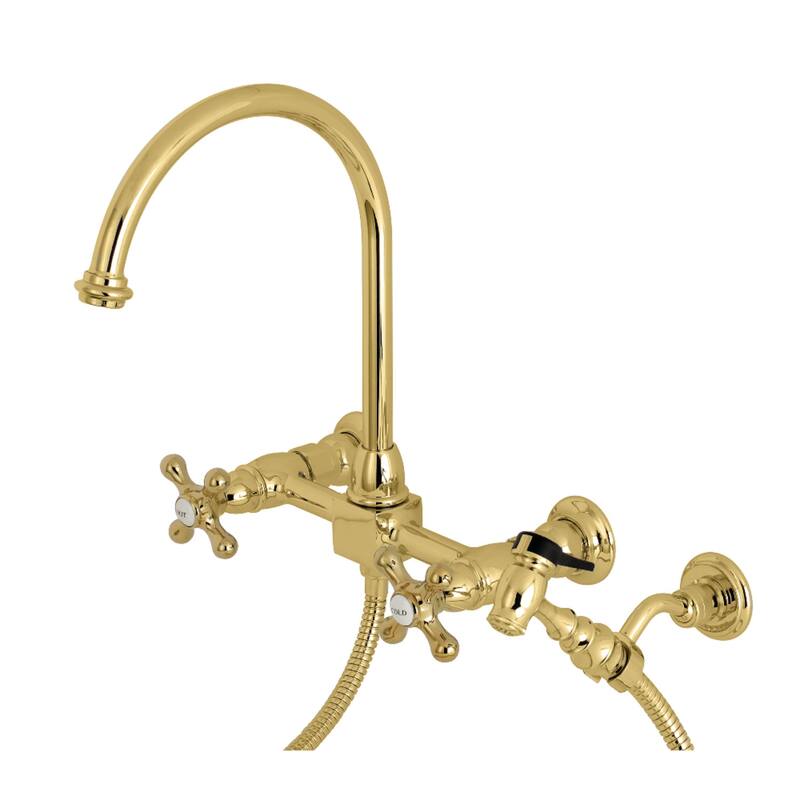 Kingston Brass Restoration Wall Mount Bridge Kitchen Faucet with Brass Sprayer - Polished Brass