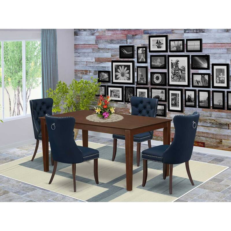 5-Piece Mahogany Finish Solid Wood Top-Rectangular Upholstered Dining Room Set- Seats-4