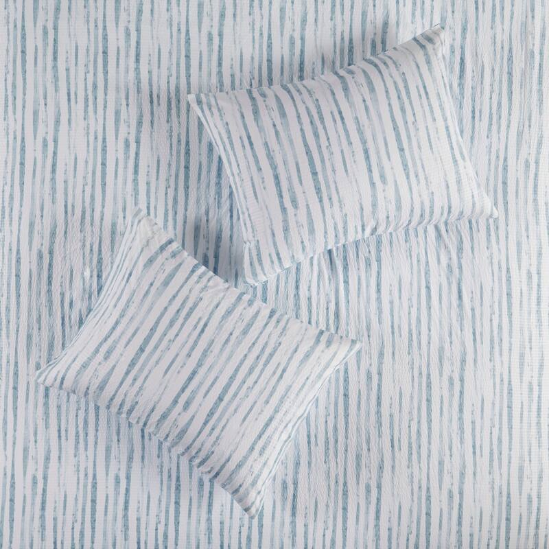 N Natori Brush Stroke Blue 3 Piece Oversized Reversible Seersucker Duvet Cover Mini Set(Insert Excluded)