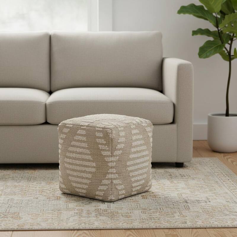 HomeRoots 18" Ivory and Natural Cotton Jute And Wool Geometric Cube Pouf Ottoman - Natural/Ivory - 18.00 in. x 18.00 in.  x 18.00 in.