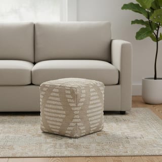 HomeRoots 18" Ivory and Natural Cotton Jute And Wool Geometric Cube Pouf Ottoman