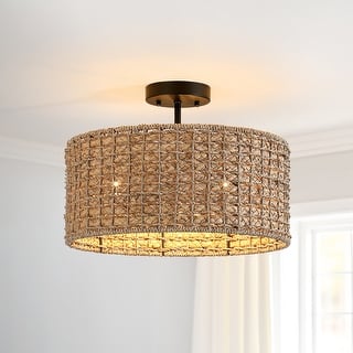 3-Light Rattan Drum Semi-Flush Mount Ceiling Light - 16'' W