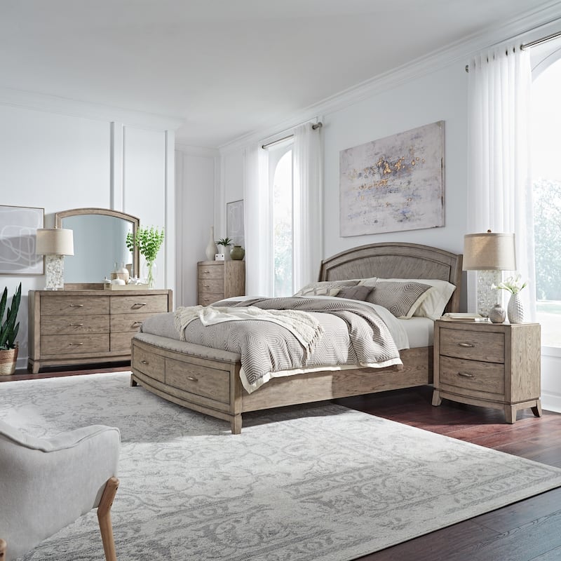 Avalon Burnished Beige Oak Queen Panel Storage Bed Bedroom Set - 5 Piece