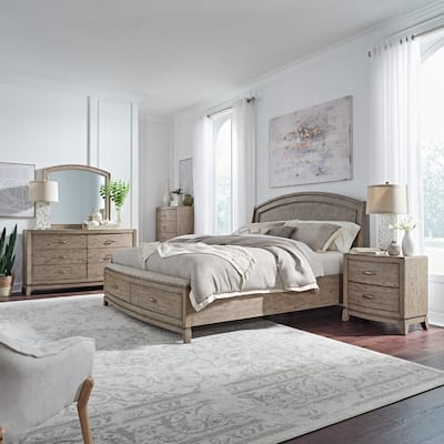 Avalon Burnished Beige Oak Queen Panel Storage Bed Bedroom Set