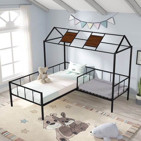 slide 2 of 9, Twin Size Sturdy Metal Frame Playhousebed with Seating Area,Easy Sssemble,Exclusive Space for Them During the Playtime. Black